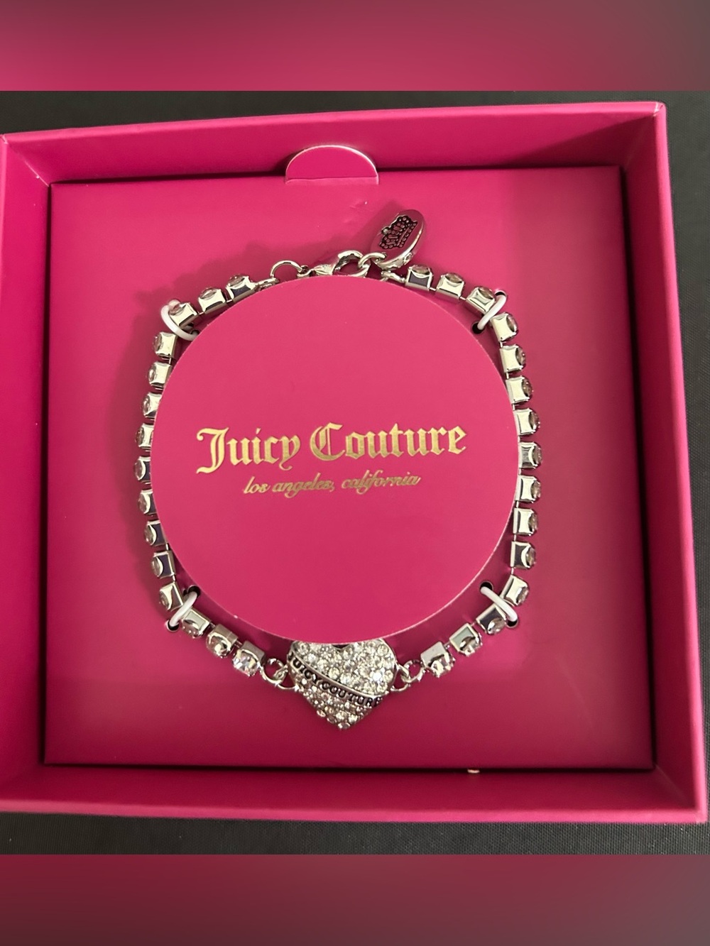 Juicy Couture Silver Rhinestone Heart Bracelet with Chain Links